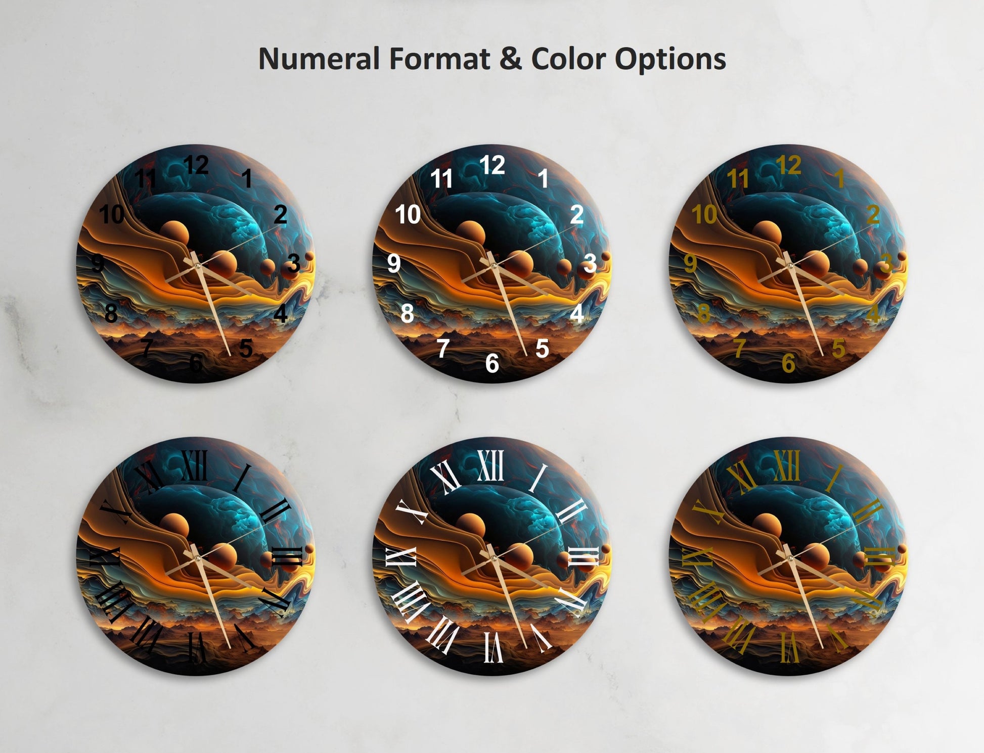 a set of four clocks with different designs on them