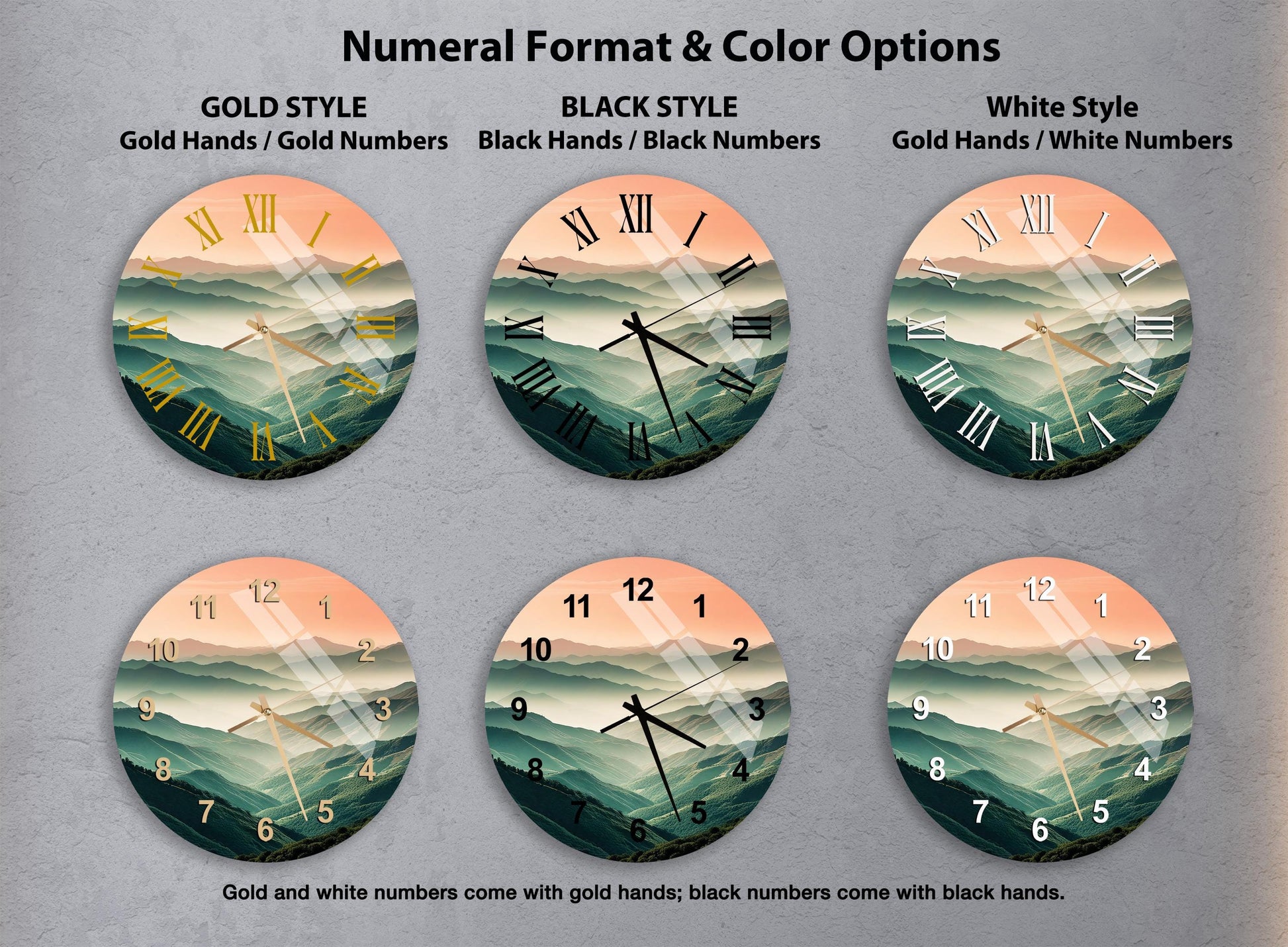 a set of four clocks with different designs on them