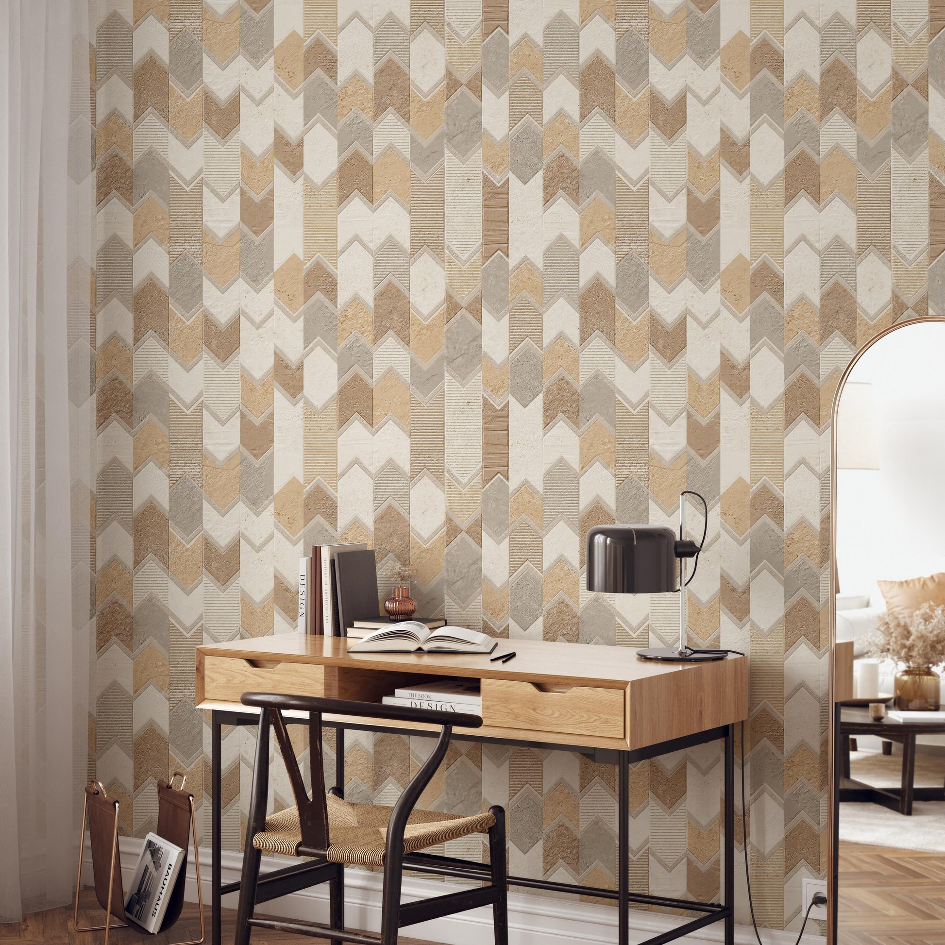 a modern workspace with a wooden desk, a black lamp, and a bookshelf. The wall behind the desk has a geometric patterned wallpaper.