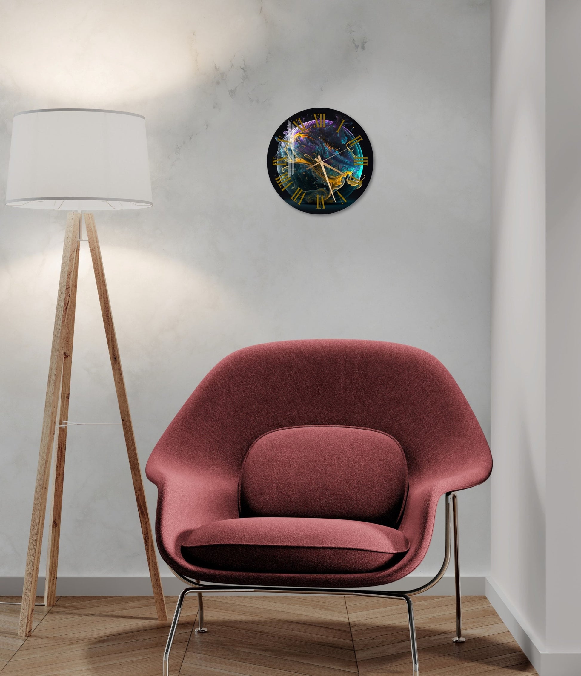 a living room with a chair and a lamp