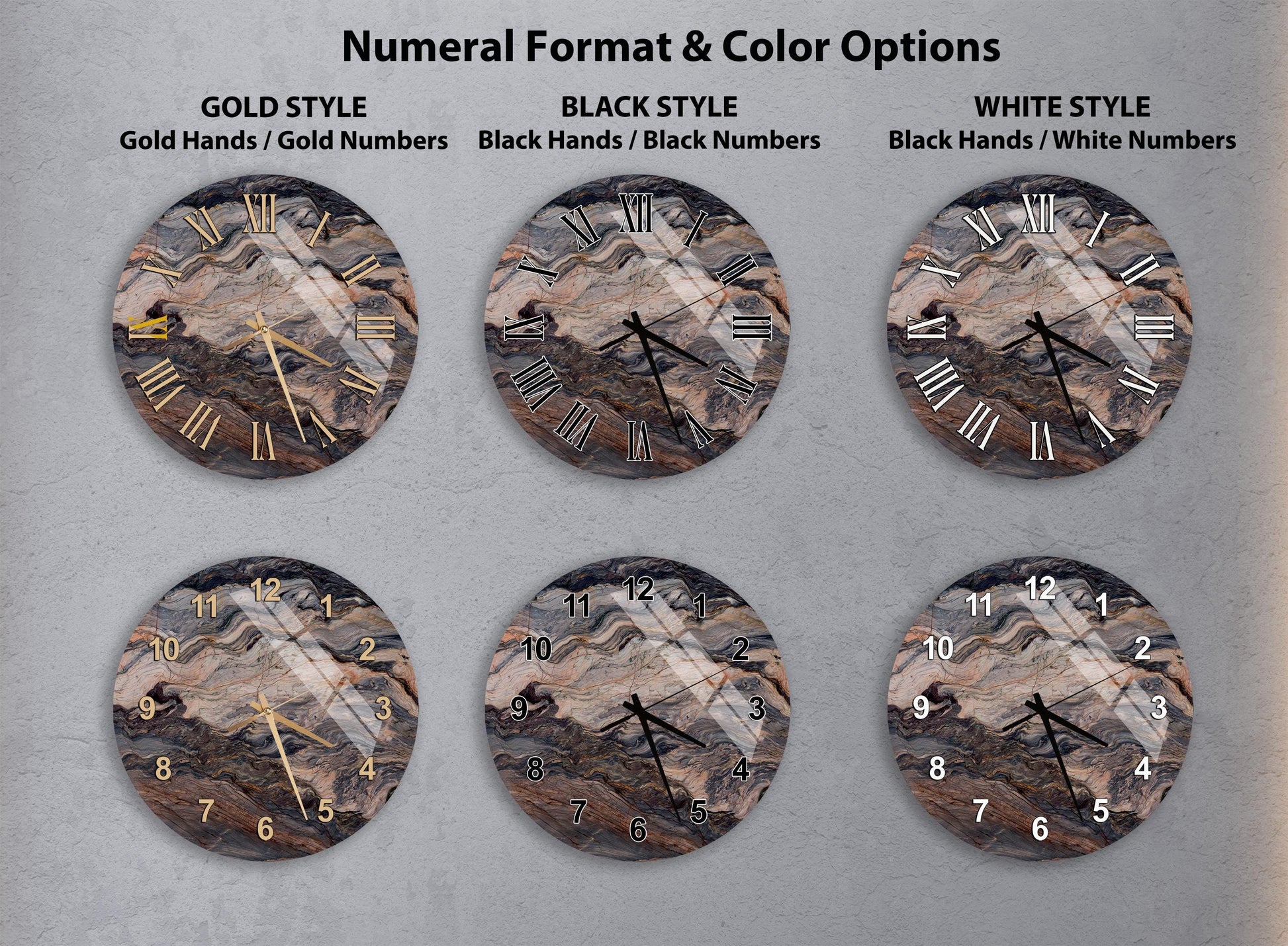 a collection of six clock faces with different styles and color options, including gold hands, black hands, black numbers, and white numbers.
