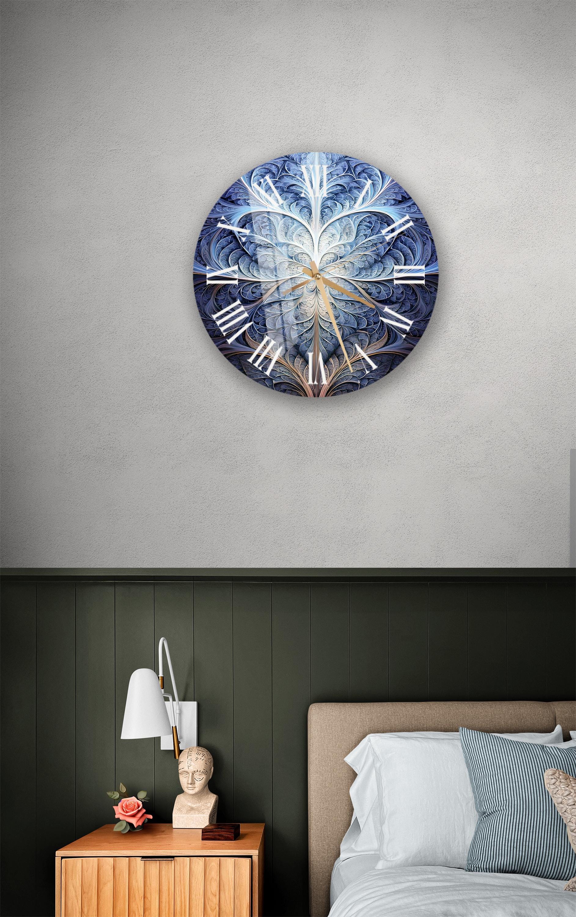 a bedroom with a bed and a clock on the wall