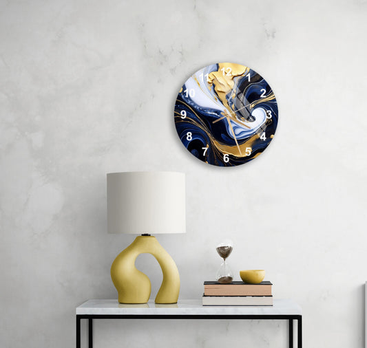 Tempered Glass Wall Clock – Marble Style Navy Blue with Gold Powder Accents