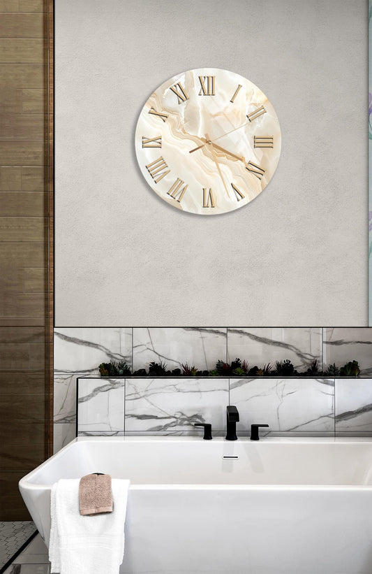 Marble Wall Clock – Beige Tempered Glass Clock With Roman Numerals, Elegant Decor