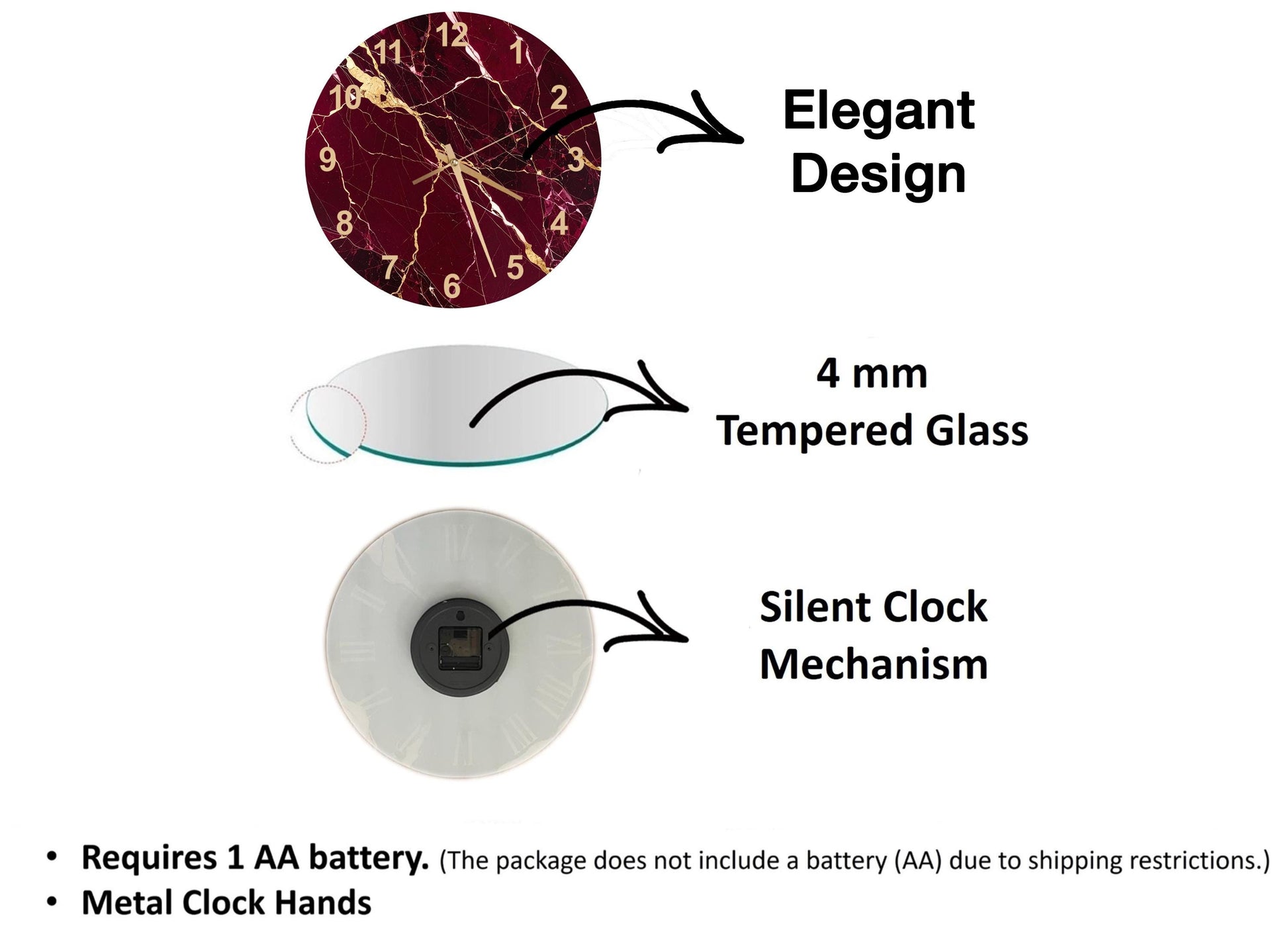 The image is a diagram that illustrates the features of a clock, including its design, materials, and mechanism. It shows a 4 mm Tempered Glass clock, a silent clock mechanism, and a metal clock hand. The diagram also includes text that explains the features of the clock, such as the requirement of a 1 AA battery and the absence of a battery (AA) due to shipping restrictions.