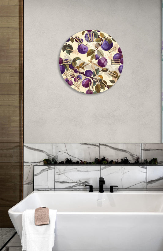 Tempered Glass Wall Clock - Purple Plum Fruit Theme | Large Farmhouse Decor