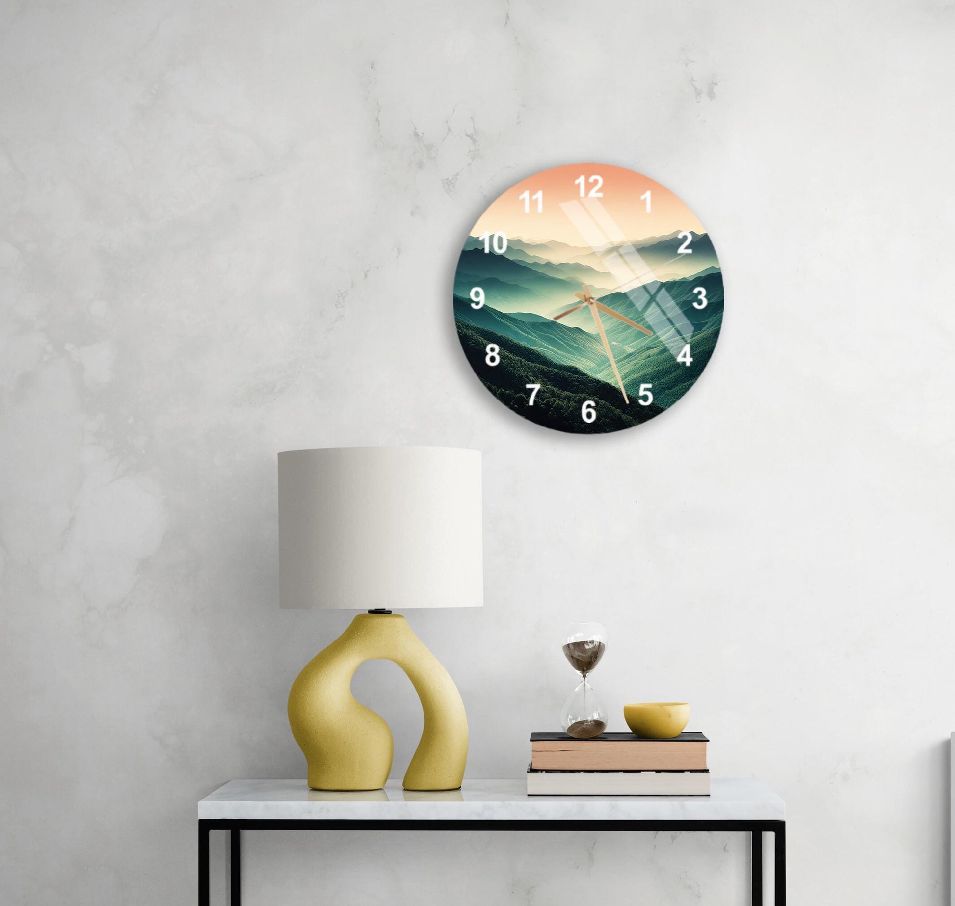 a table with a lamp and a clock on it