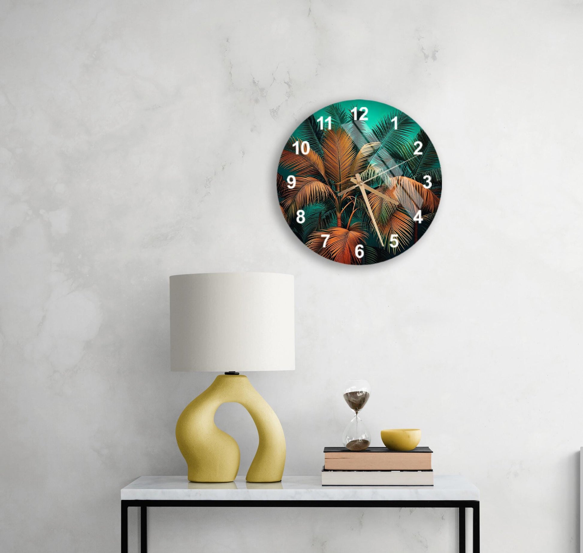 a table with a lamp and a clock on it