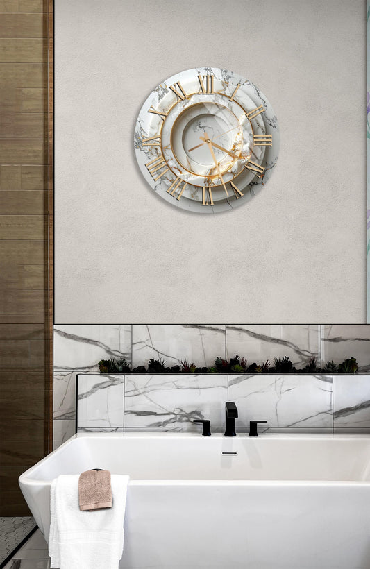 Marble Glass Wall Clock – Tempered Glass Clock With Gold & White Elegant Design