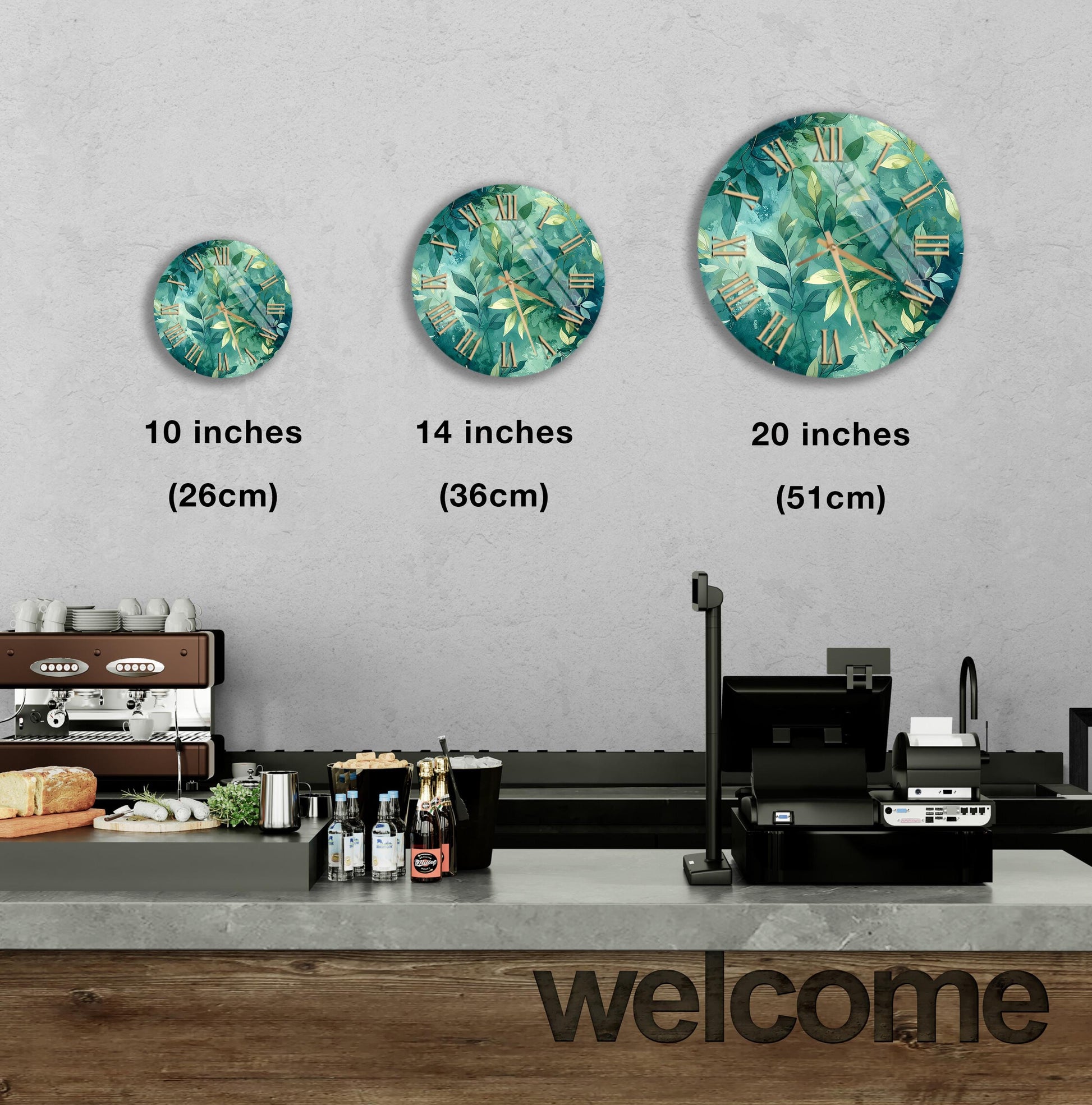a counter with a cash register, a coffee machine, and a welcome sign. There are three clock faces of different sizes displayed on the wall above the counter.