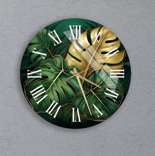 Tropical Glass Wall Clock – Tempered Glass Palm Leaf Clock with Green Gold Decor