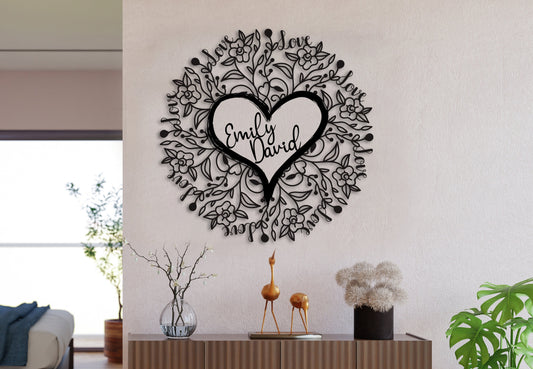 Personalized Metal Wedding Gift – Floral Heart Art | Custom Name Plaque Decor
