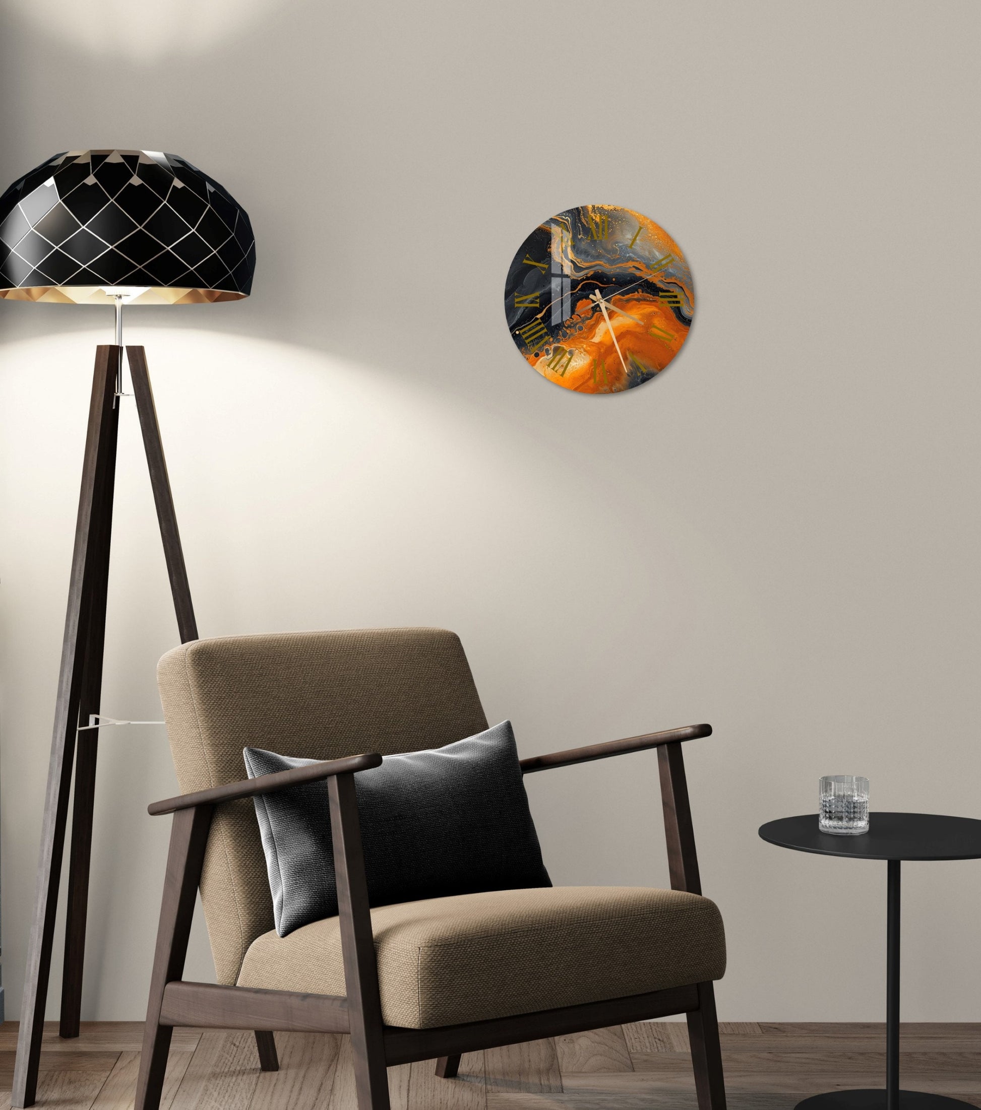 a living room with a chair and a lamp