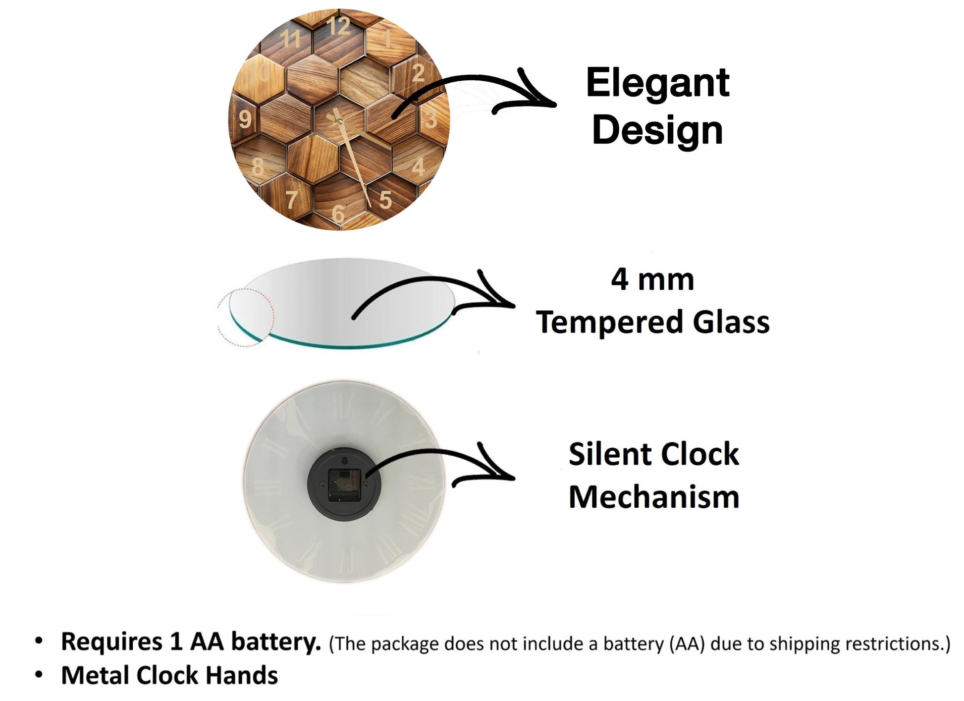 The image is a detailed diagram of a clock, highlighting its features and specifications. It includes a 4 mm Tempered Glass face, a Silent Clock Mechanism, and Metal Clock Hands. The diagram also indicates that the package requires a 1 AA battery and does not include a battery (AA) due to shipping restrictions.