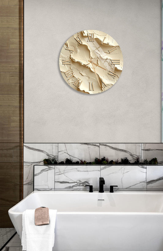 Tempered Glass Wall Clock – Beige Textured Art | Modern Round Wall Decor
