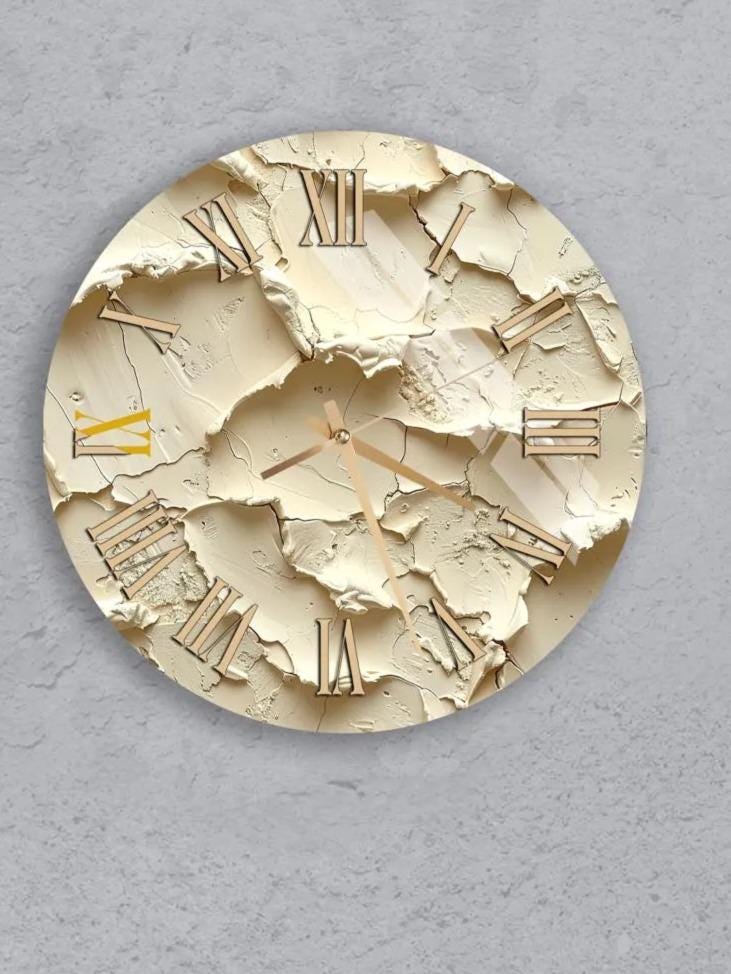 six different clock faces, each with unique designs and styles, mounted on a gray wall.