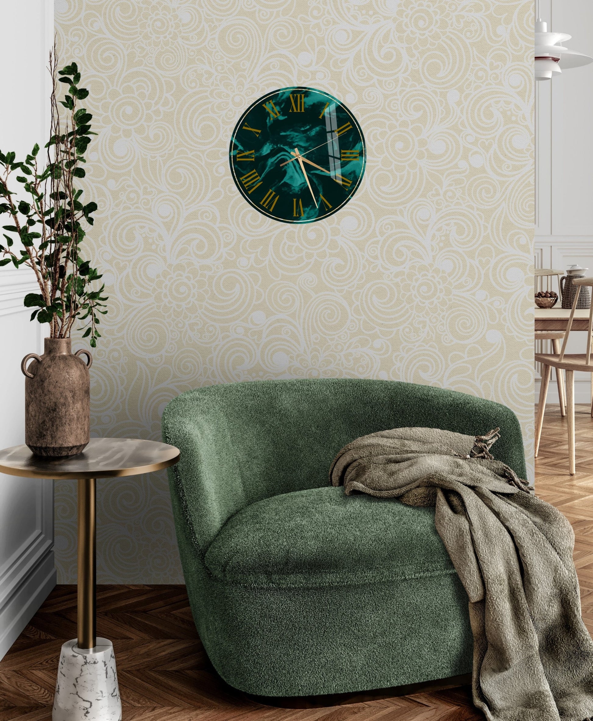 a living room with a green chair and a clock on the wall