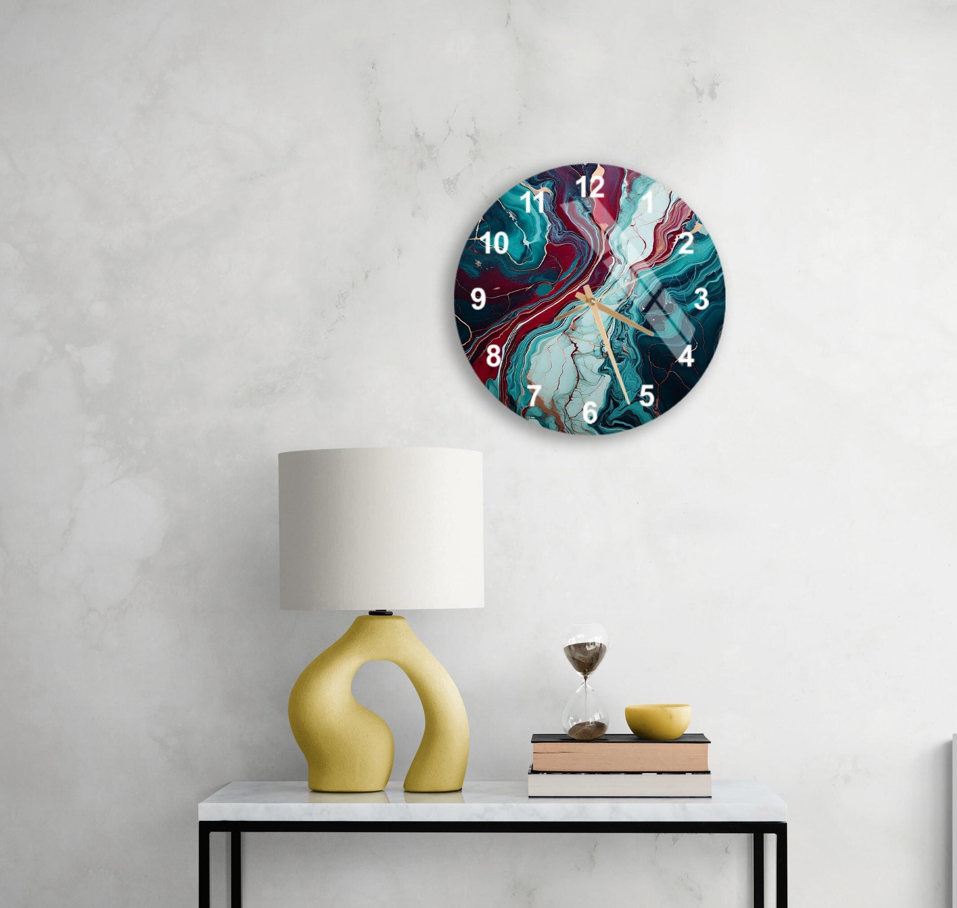 a table with a lamp and a clock on it
