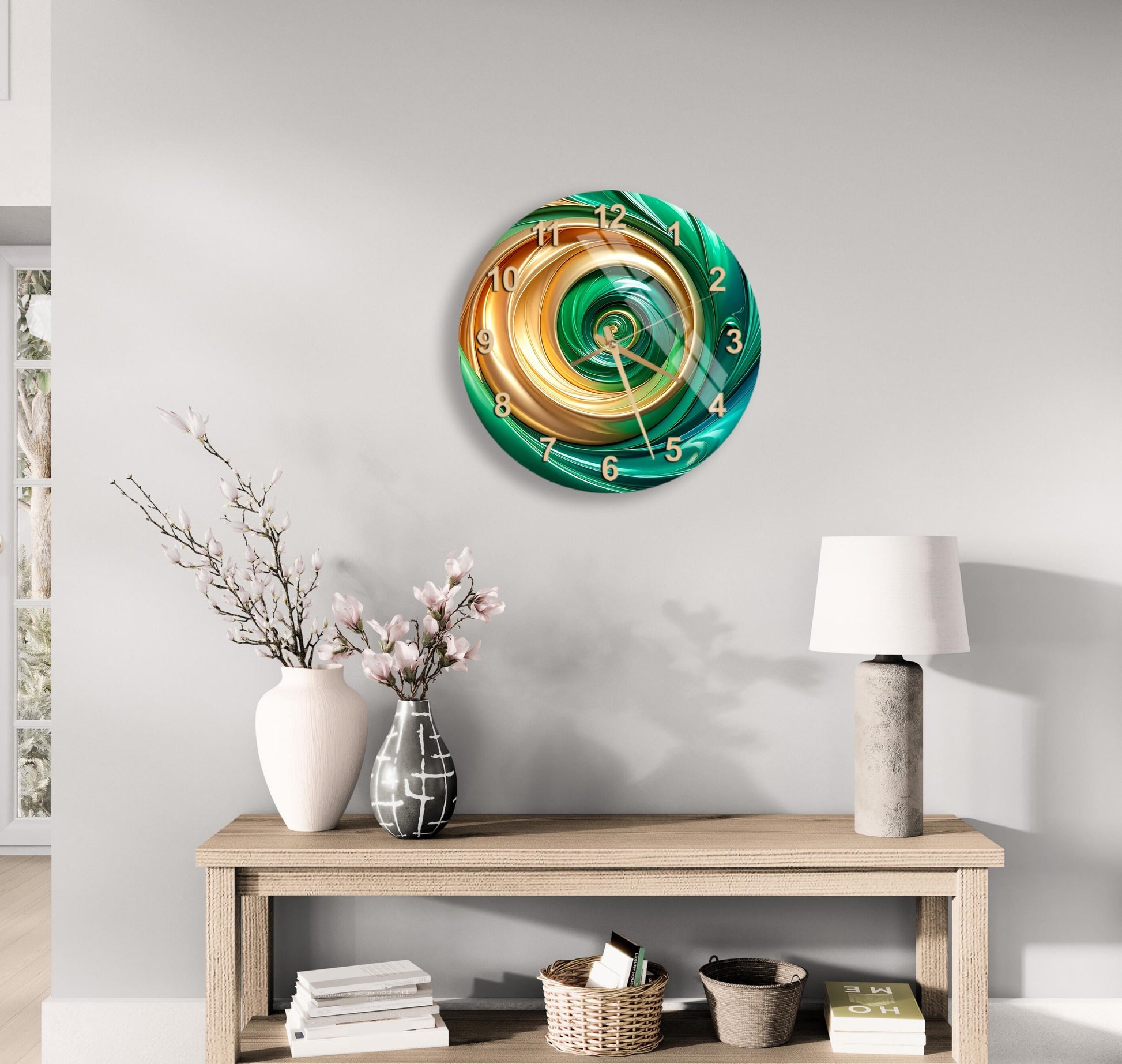 a modern living room with a wooden console table, a white vase with pink flowers, a lamp, and a clock with a swirling green and gold design.