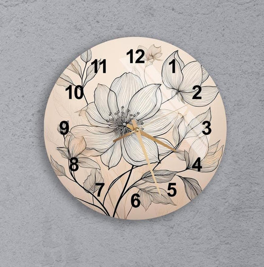 Tempered Glass Wall Clock – Abstract Line Art Floral Design | Durable, Silent