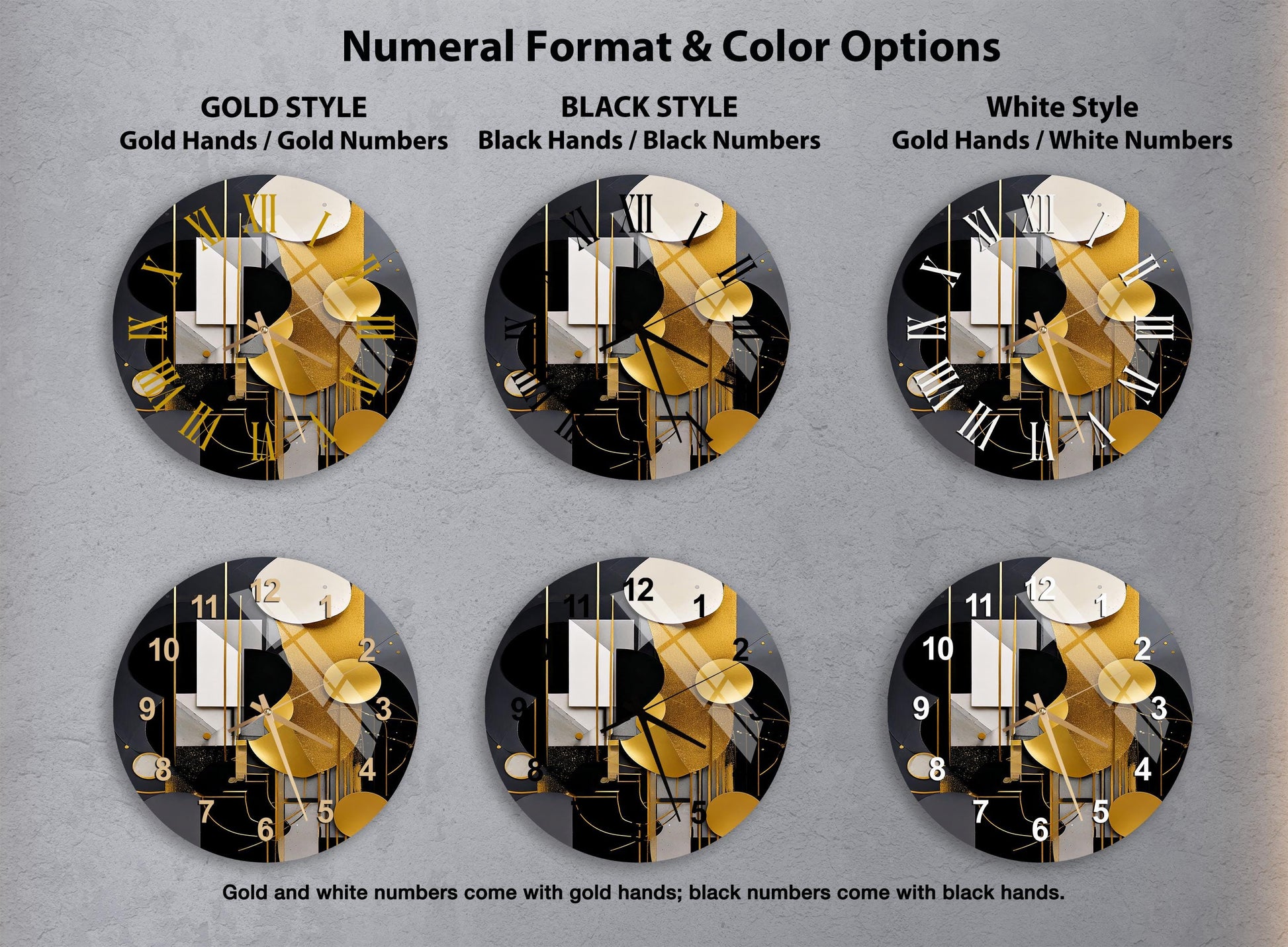 a set of four black and gold wall clocks