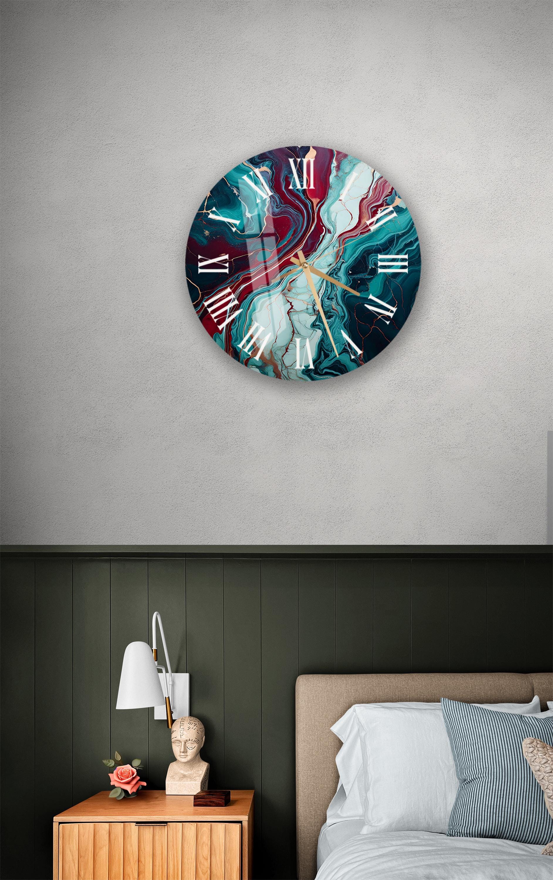 a bedroom with a bed and a clock on the wall