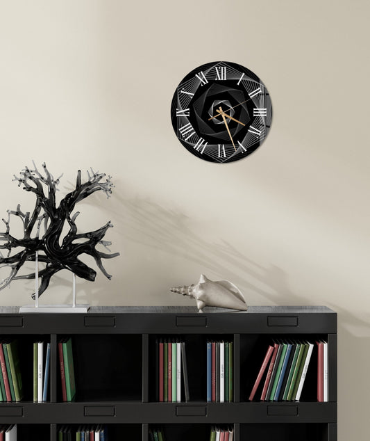 a clock on a wall above a bookcase