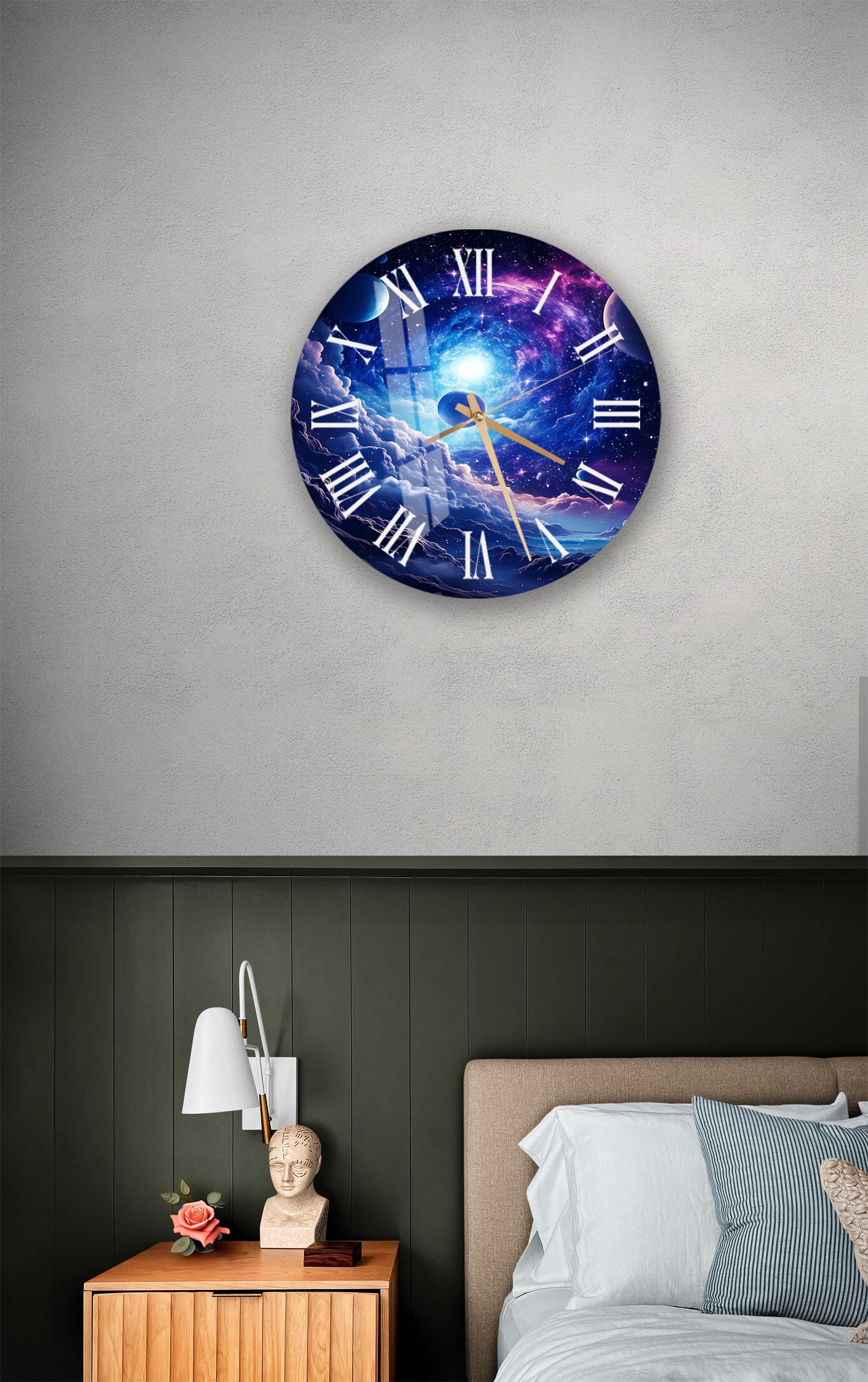 a bedroom with a bed and a large clock on the wall