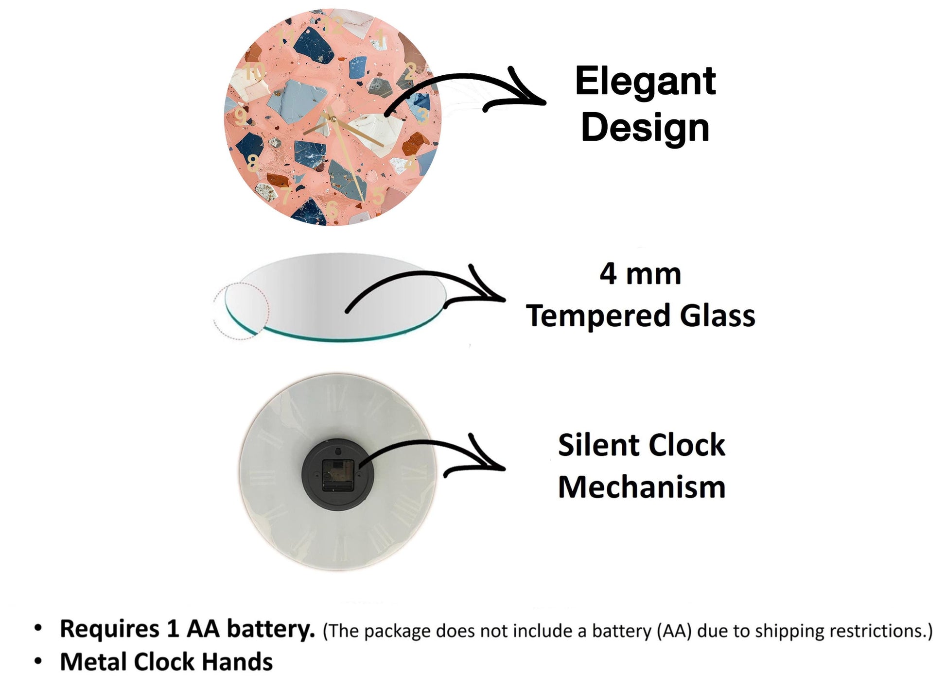 The image is a diagram that illustrates the features of a clock mechanism, including a 4 mm Tempered Glass face, a Silent Clock Mechanism, and Metal Clock Hands.