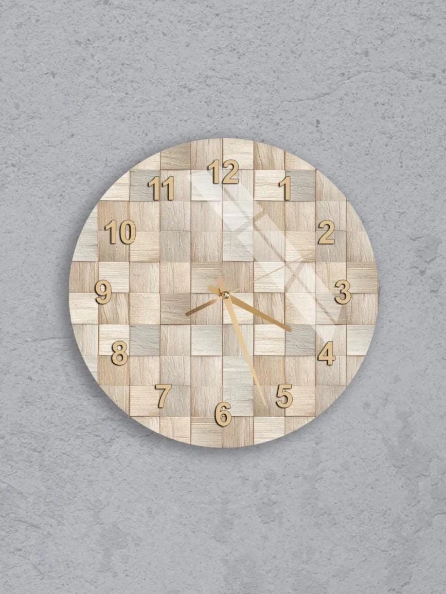 six different wall clocks, each with a unique design and color scheme, arranged in a grid pattern on a gray background.