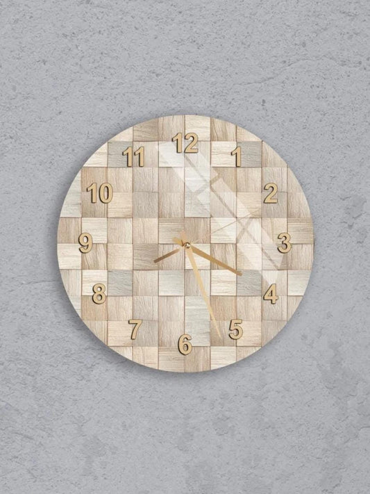 six different wall clocks, each with a unique design and color scheme, arranged in a grid pattern on a gray background.