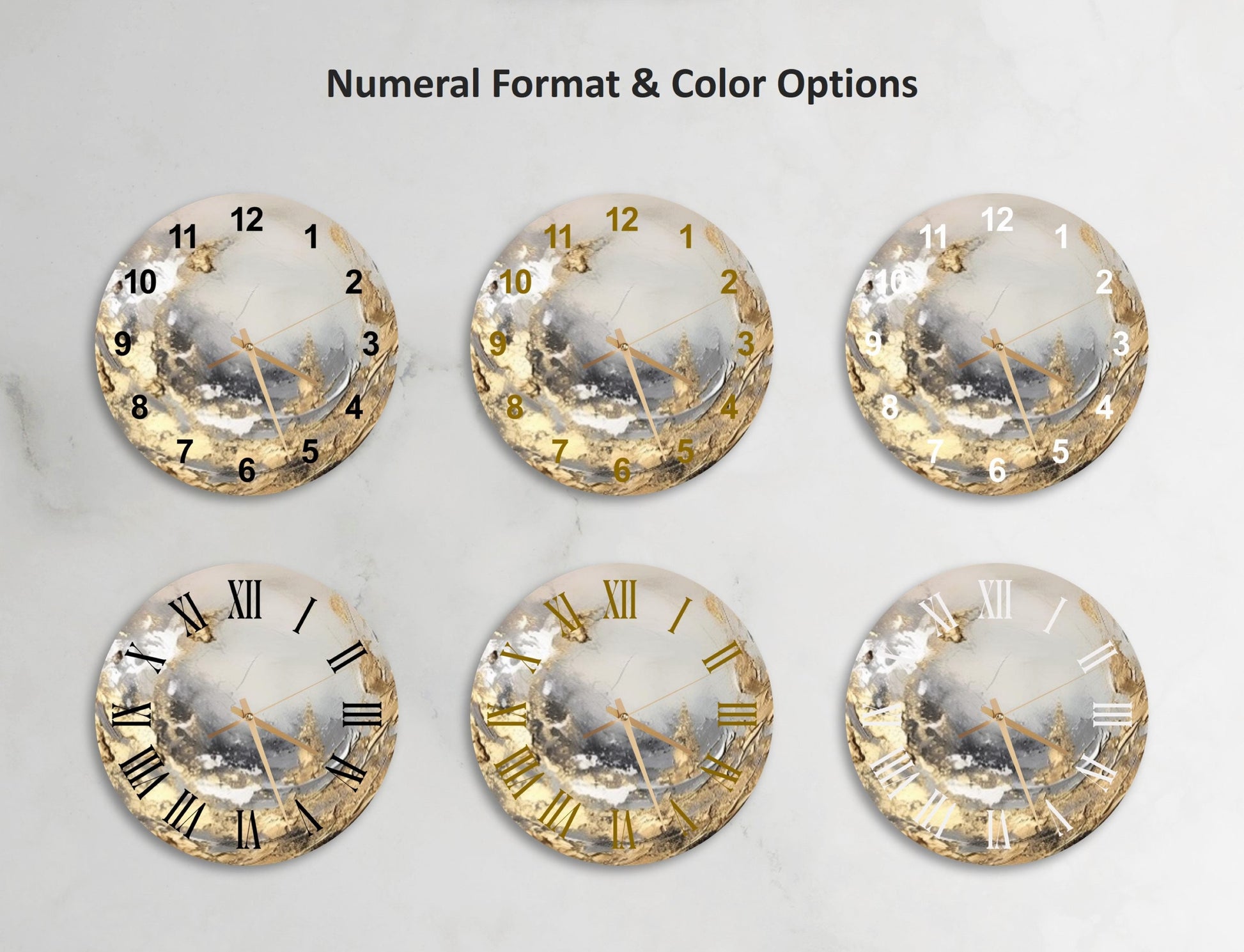 a set of four gold clock faces with roman numerals