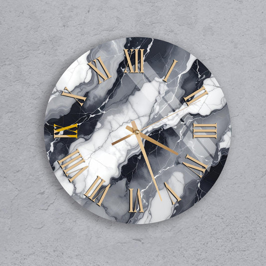 A round clock with a marble-like design and gold Roman numerals on a gray background.