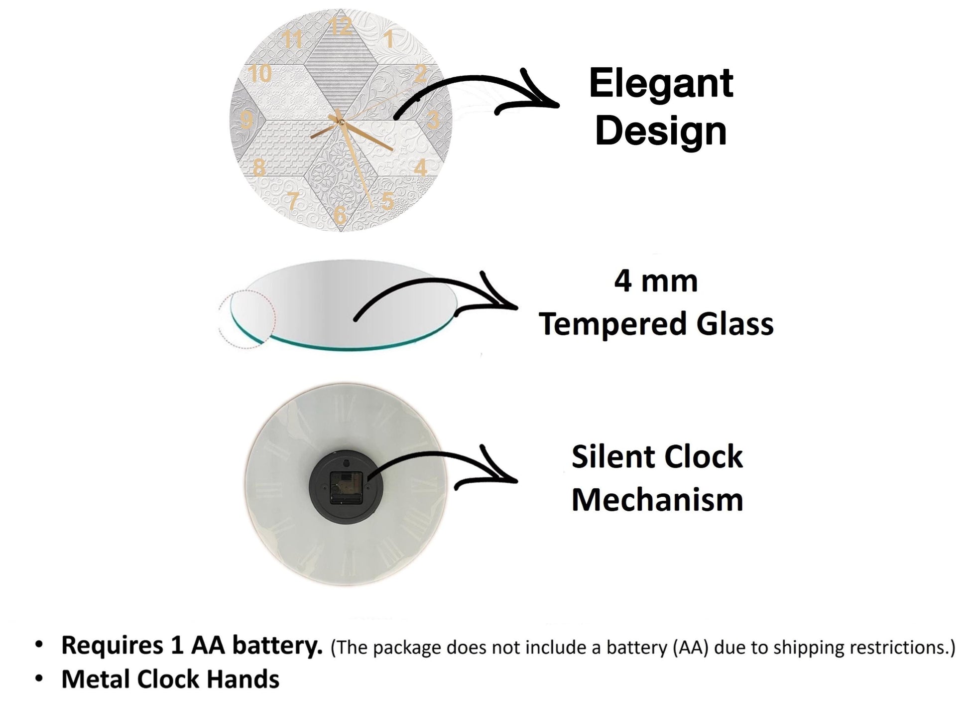 The image is a diagram that illustrates the features of a clock, including its design, materials, and mechanism.