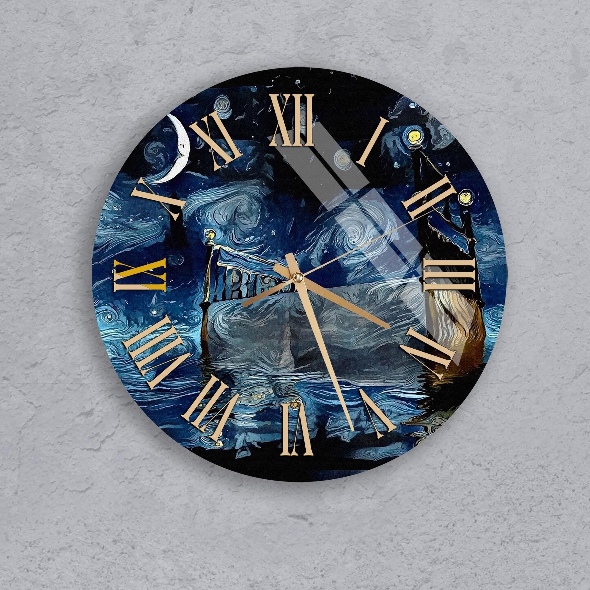 a clock with a night sky and swirling clouds design, with Roman numerals on the clock face.