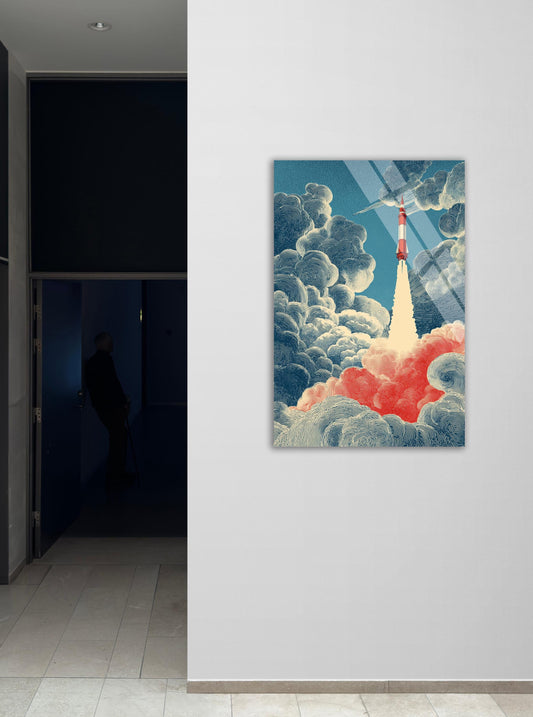 Tempered Glass Wall Art - Vintage Space Art | Retro Rocket Launch Illustration