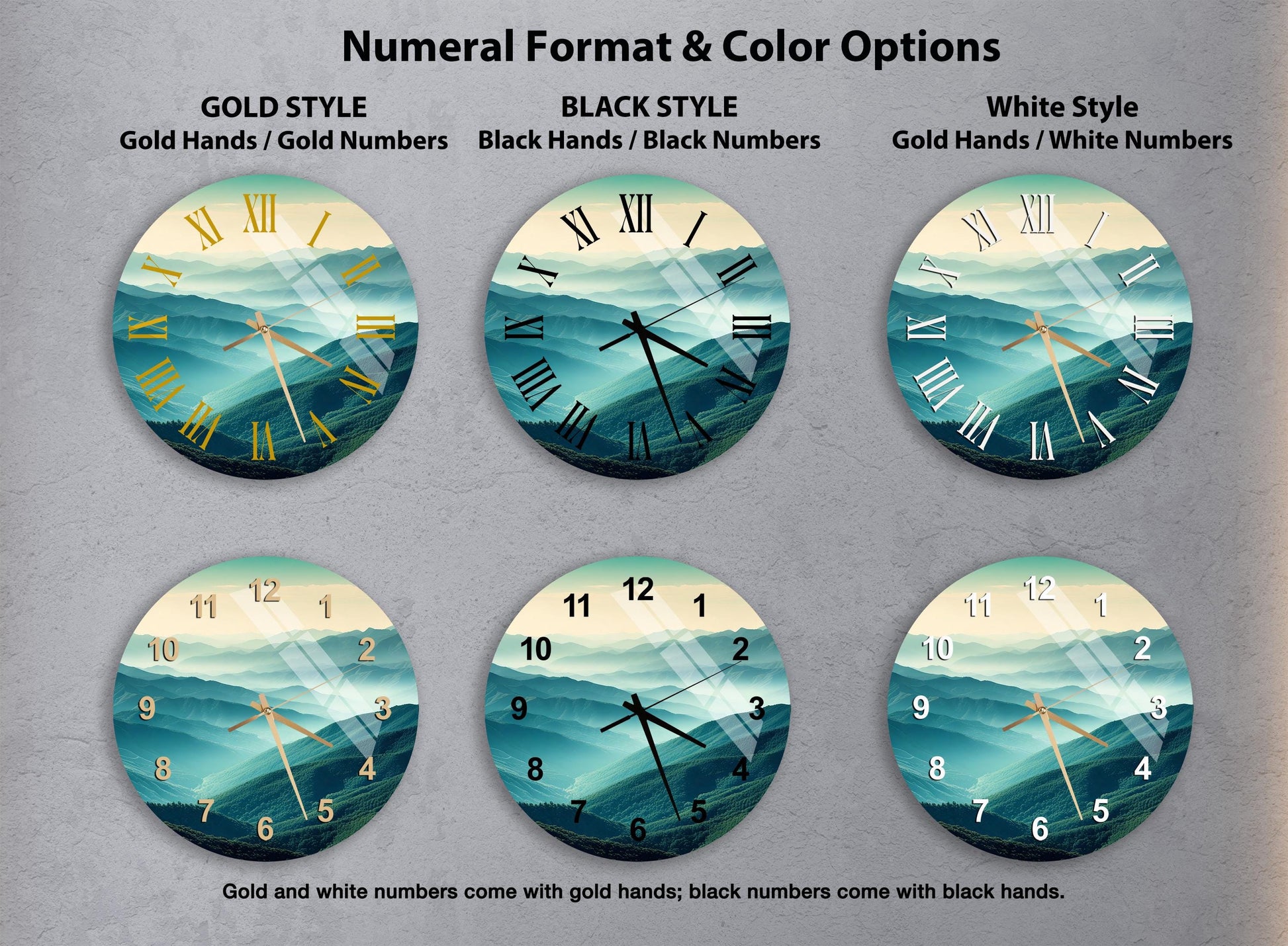 a set of four clocks with different designs on them
