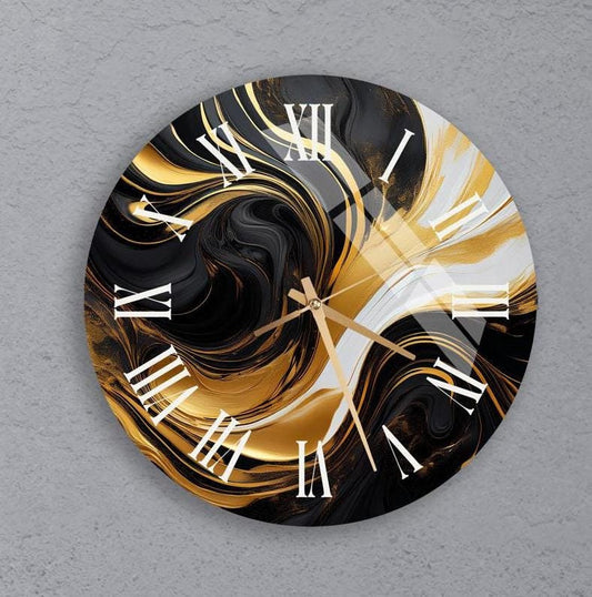 Tempered Glass Wall Clock – Black Gold Marble Pattern, Modern Silent Decor