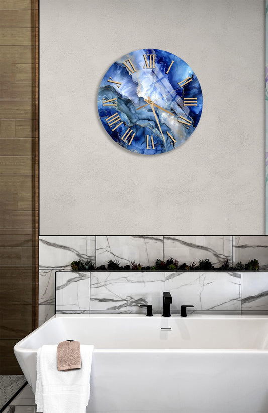 Tempered Glass Wall Clock - Blue Abstract Art, Oversized Round Decor, Unique Gift