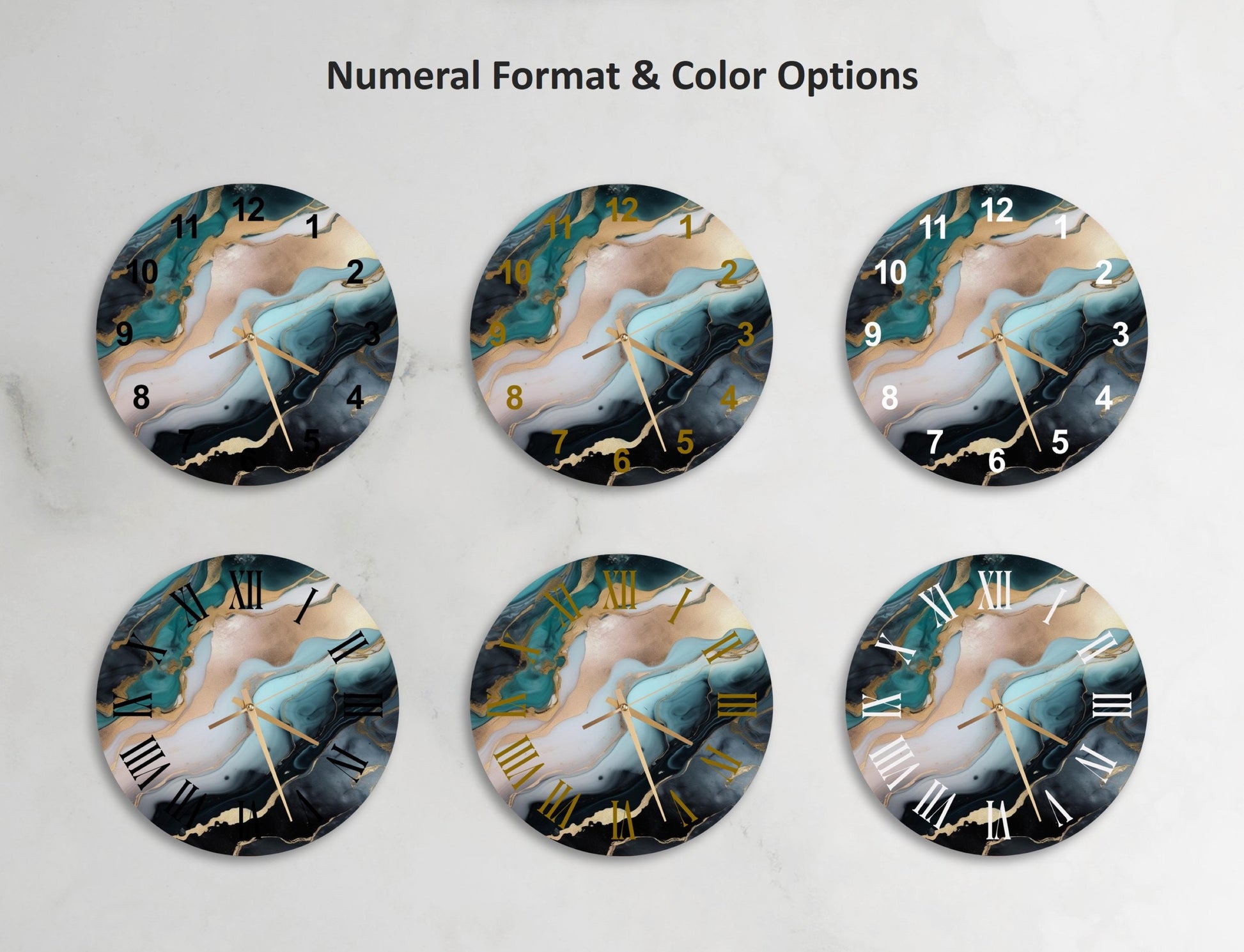 a set of four clocks with a painting of a woman