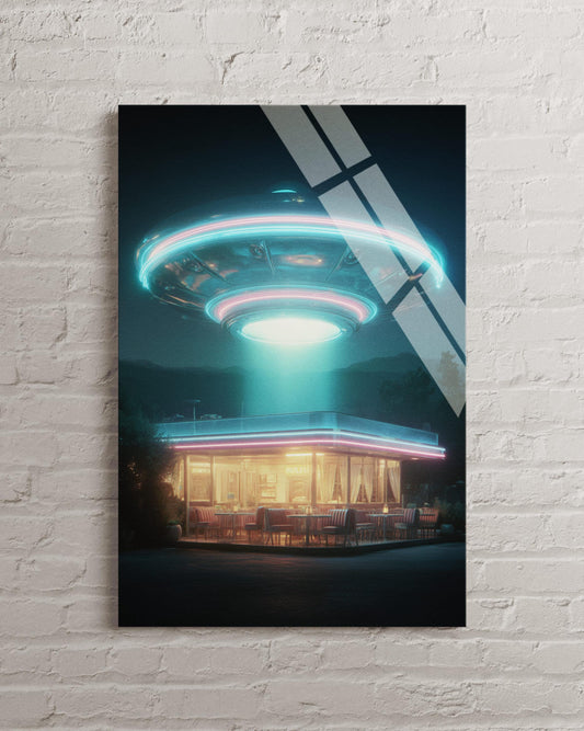 Retro UFO Glass Art – Neon Spaceship Poster | Vintage Alien Decor Wall Art
