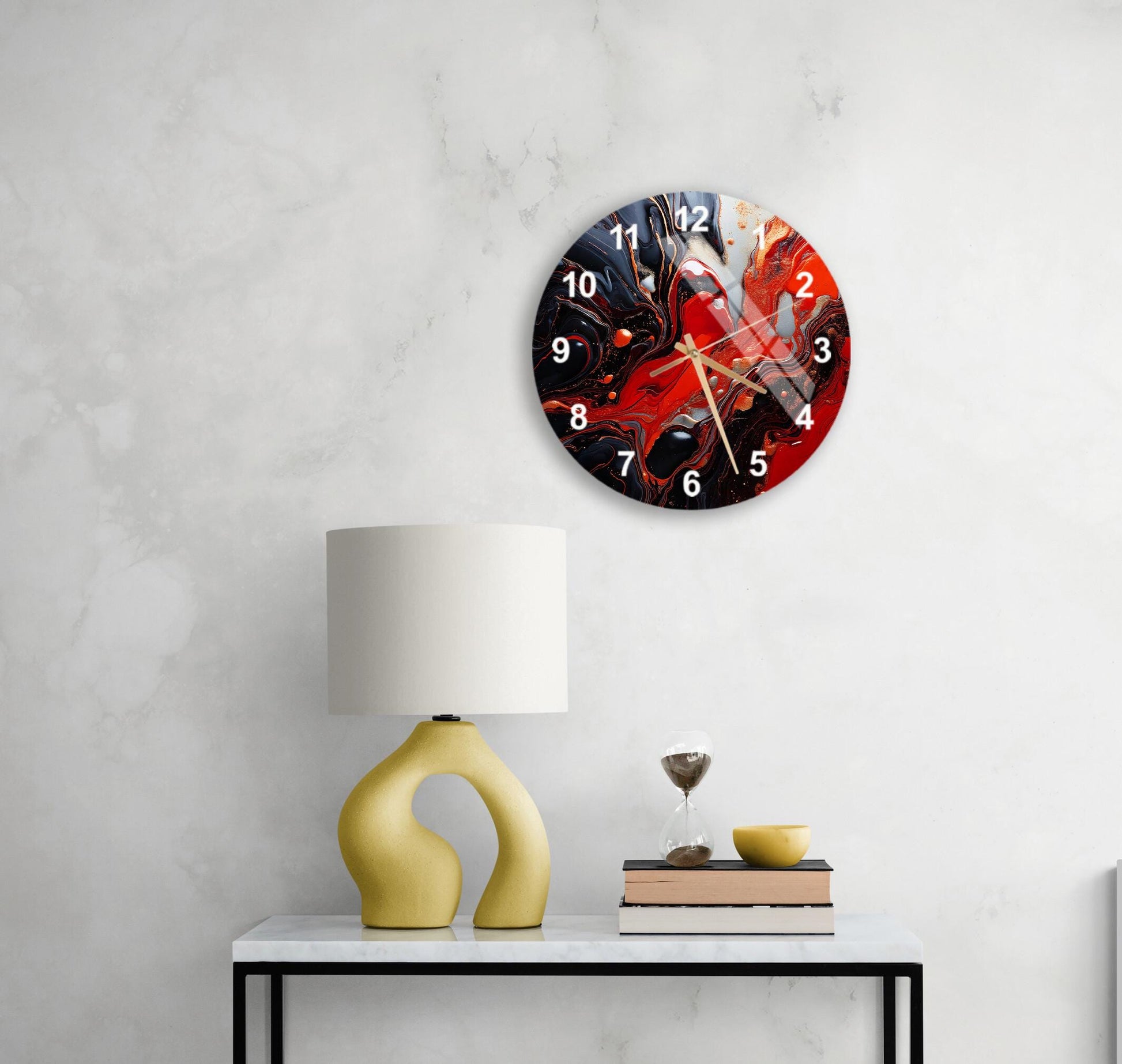 a white table with a lamp and a clock on it