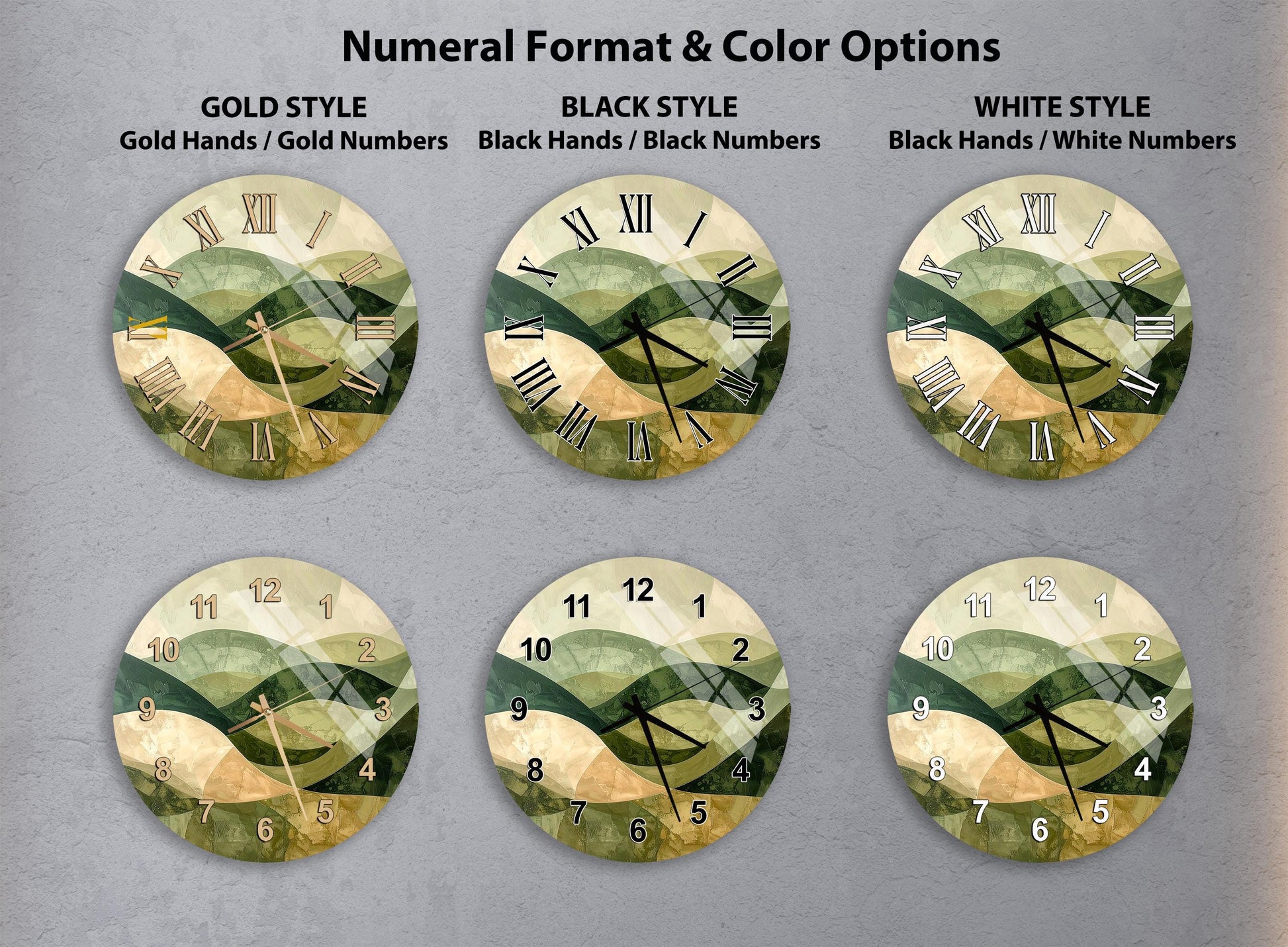 six different clock designs with varying styles and color options, including gold, black, white, and black hands/numbers.