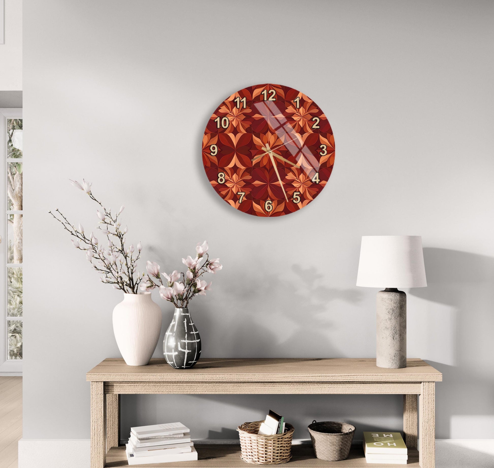 a modern living room with a wooden table displaying a vase of flowers, a lamp, and a clock with a floral design.