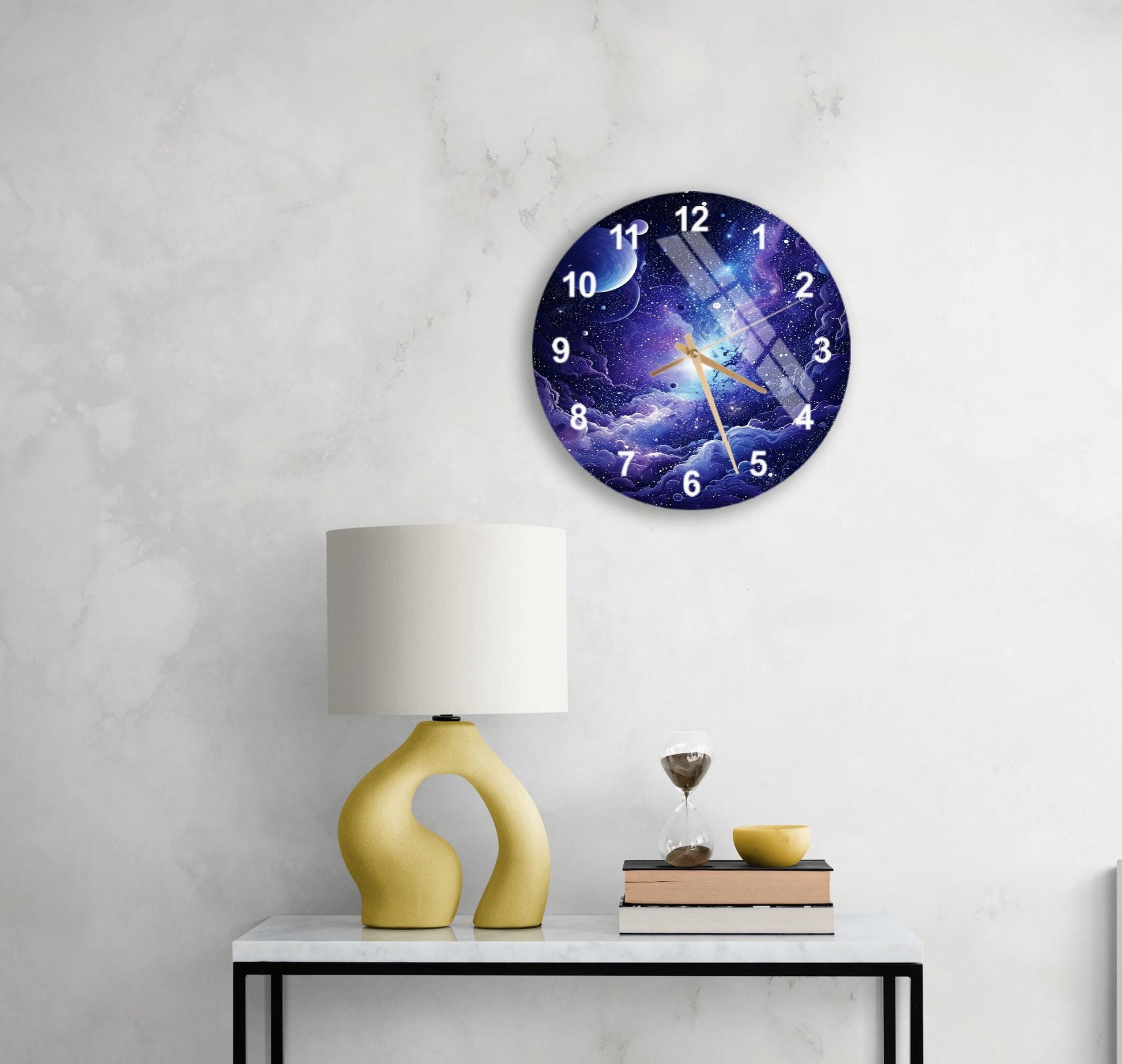 a table with a lamp and a clock on it