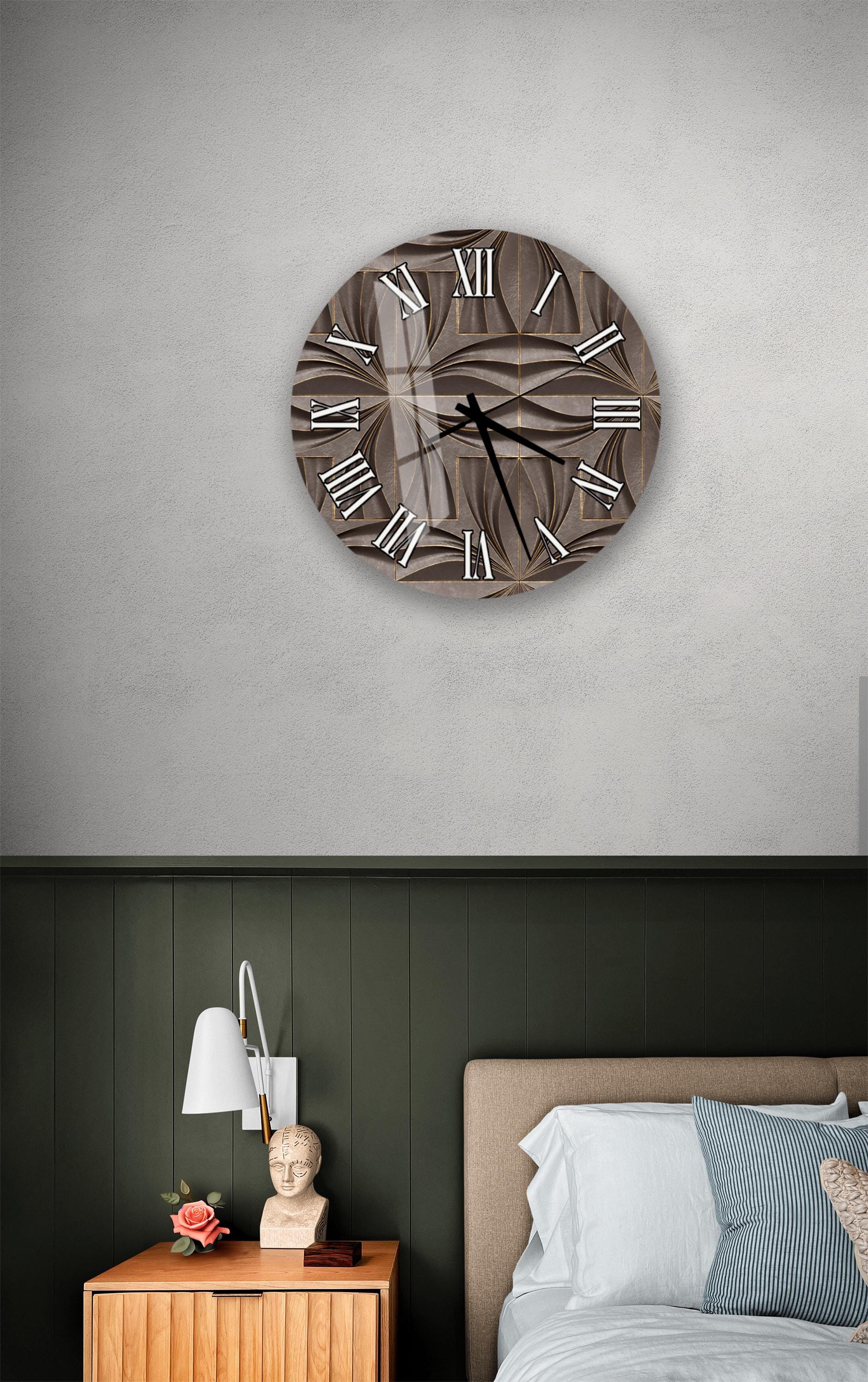 a bedroom setting with a round wall clock, a wooden nightstand, and a bed with white pillows.