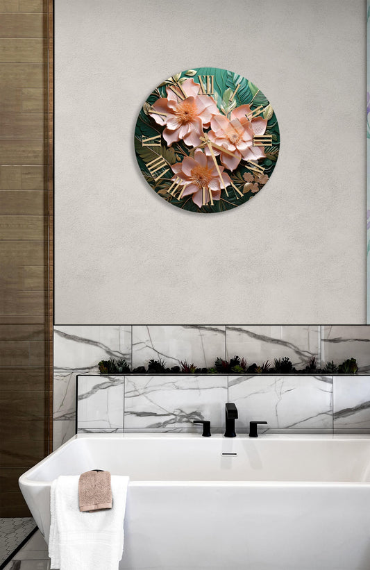 Floral Glass Wall Clock – Tempered Glass, Green & Peach Flower, Silent Sweep