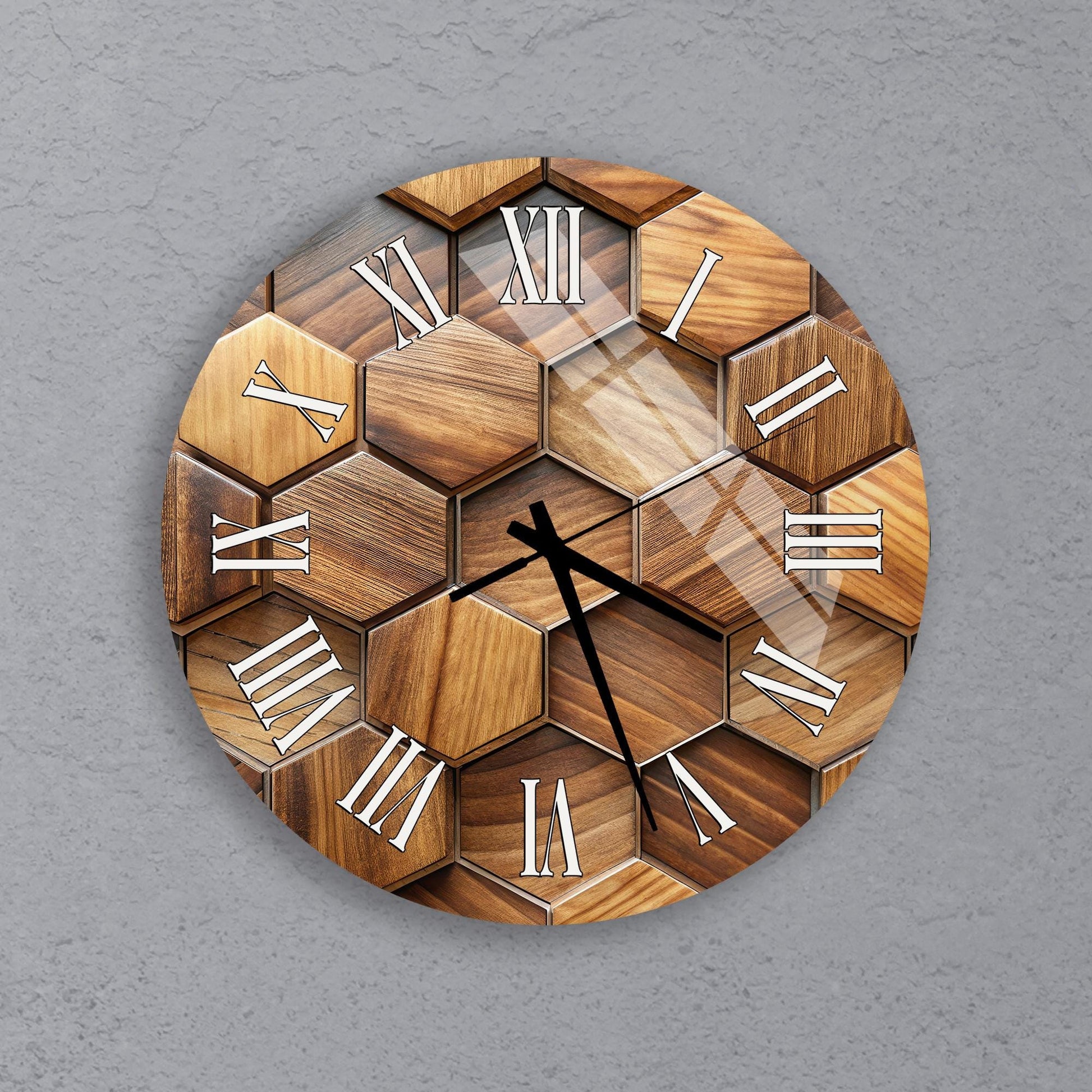 A wall clock with a wooden hexagonal pattern and Roman numerals on a gray background.