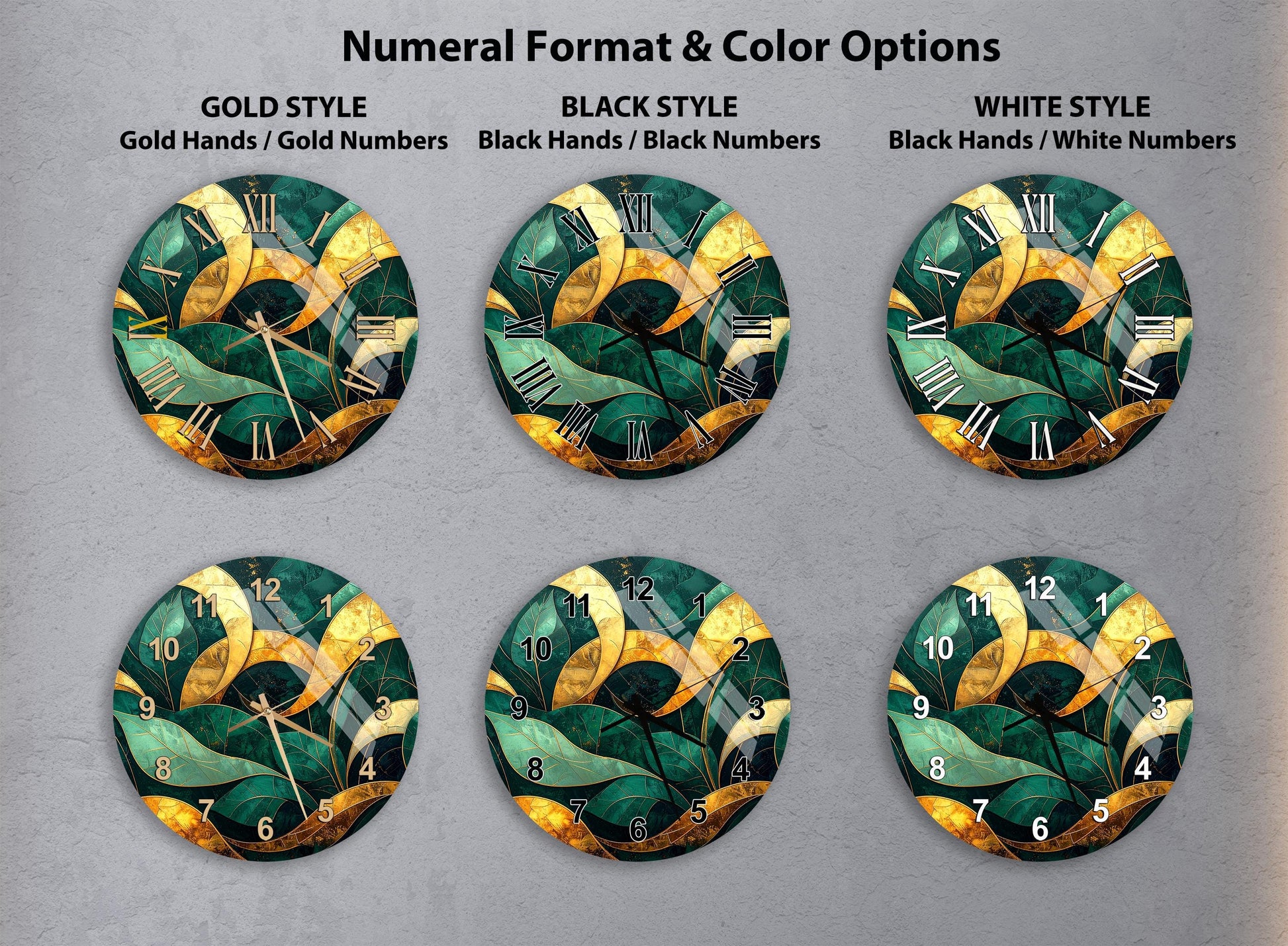 a collection of six clock faces with different styles and color options, including gold hands, black hands, black numbers, gold numbers, black hands, and white numbers.