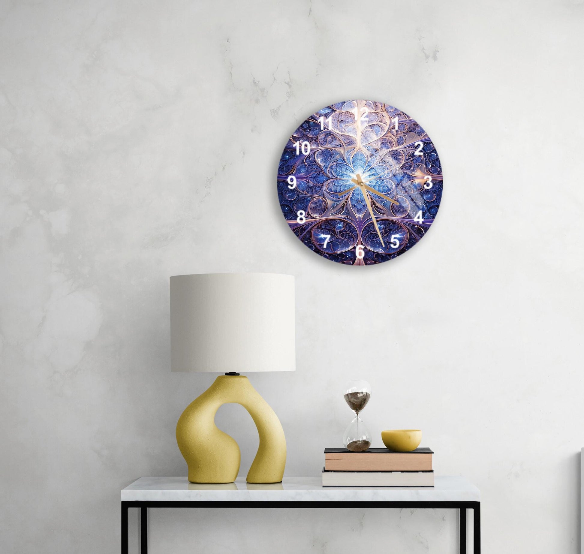 a table with a lamp and a clock on it